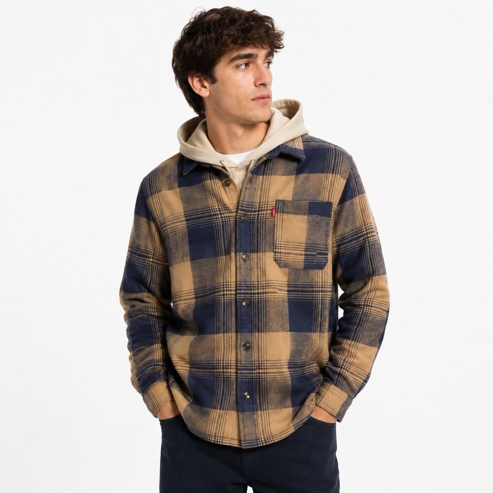 Levi’s Men’s Plaid Flannel Shirt Jacket Tan Navy Long Sleeve 12-13 YRS